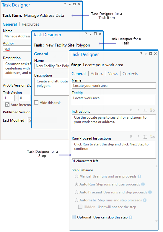 Task Designer pane for a task item, task, and
step